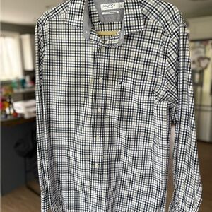 Nautica Men's Blue and Gray Checkered Shirt